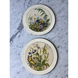 Multicolor Floral & Garden Round Cork Coaster Trivet Set of 2 Made in England